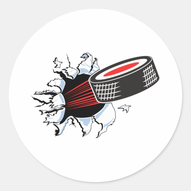 hockey puck ripping through classic round sticker (Front)