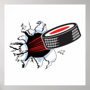 hockey puck ripping through poster