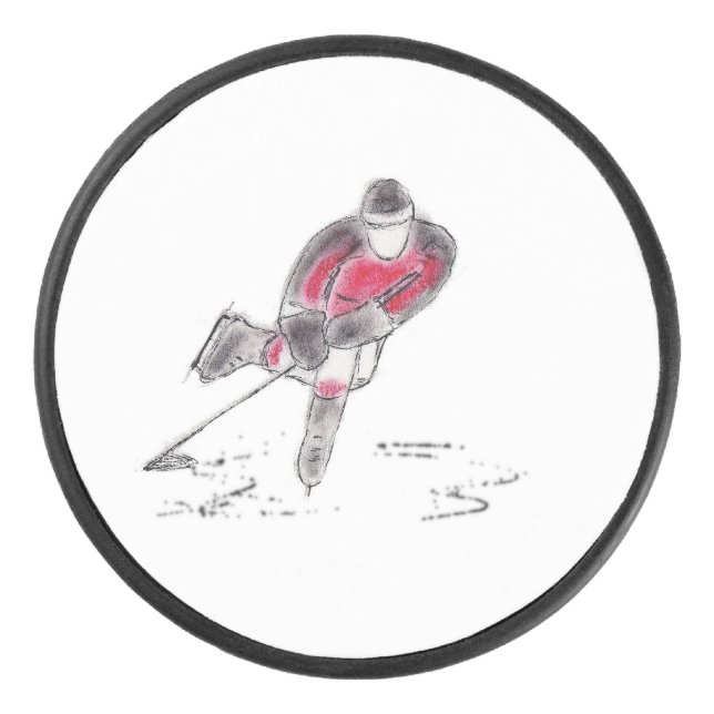 Hockey Puck with Original Sketch of Hockey Player (Front)