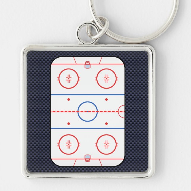 Hockey Rink Diagram on Blue Carbon Fibre Style Keychain (Front)