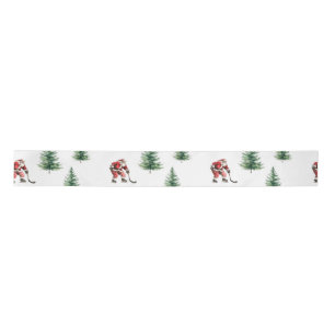 Hockey Santa and Pine Trees Christmas Wrapping Satin Ribbon