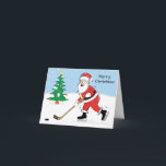 Hockey Santa Christmas Holiday Card<br><div class="desc">Wish the hockey player or fan in your life a Merry Christmas with this fun Christmas hockey greeting card. This card design features santa playing hockey outside on the pond. The scene is complete with a decorated pine tree and snow.</div>