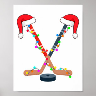 Hockey Santa Hat Christmas Lights Funny Sport Xmas Poster
