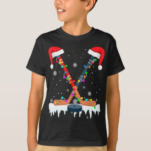 Hockey Santa Hat Christmas Lights Funny Sport Xmas T-Shirt