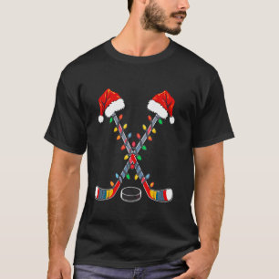 Hockey Santa Hat Christmas Lights Funny Sport Xmas T-Shirt
