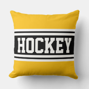 HOCKEY Sporty Bright Black Yellow White Stripes Throw Pillow