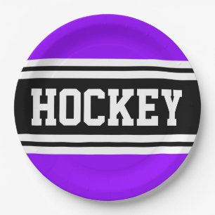 HOCKEY Sporty Purple Black White Racing Stripes Paper Plate