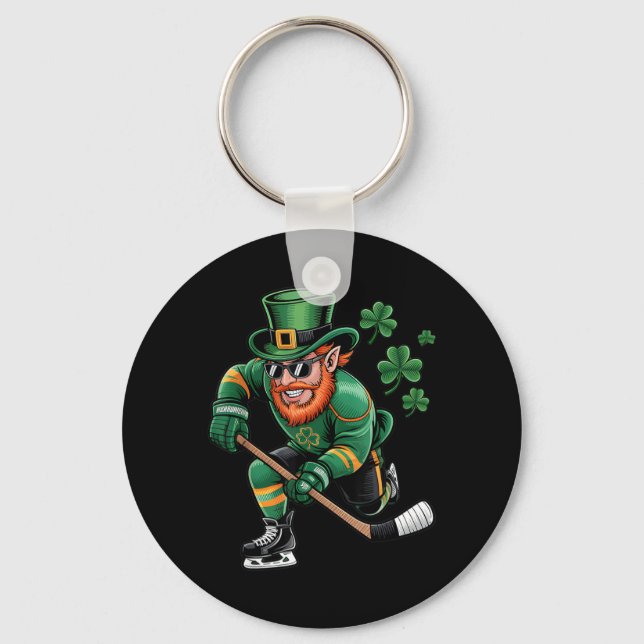 Hockey St Patricks Day Leprechaun Design Keychain (Front)