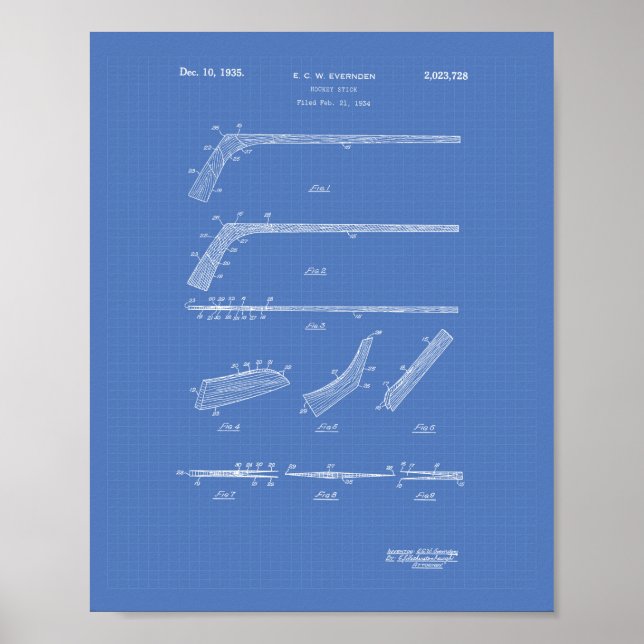 Hockey Stick 1935 Patent Art - Blueprint Poster (Front)