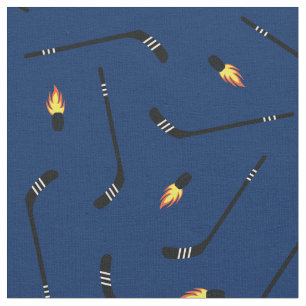 Hockey Sticks Flaming Pucks Sports Navy Blue Fabric