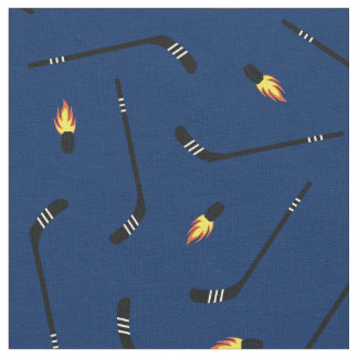 Hockey Sticks Flaming Pucks Sports Navy Blue Fabric