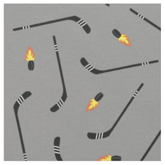 Hockey Sticks Flaming Pucks Sports Silver Grey Fabric