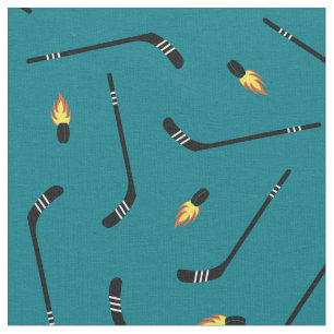 Hockey Sticks Flaming Pucks Sports Teal Fabric