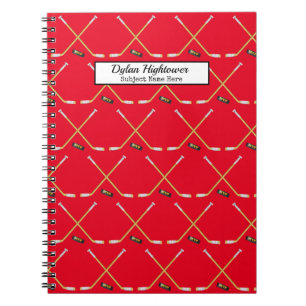 Hockey Sticks MVP Puck Pattern Red Name Subject Notebook