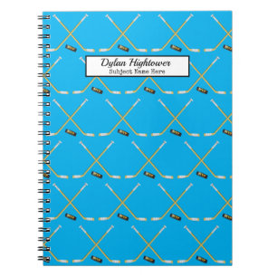 Hockey Sticks MVP Puck Pattern Sky Blue Name Notebook