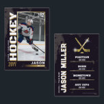 Hockey Trading Card Hockey Player Card Black Gold<br><div class="desc">Celebrate your star player with our Gold Edition Custom Hockey Trading Card! Fully customizable with a photo,  stats,  and achievements,  this sleek card is perfect for team gifts,  award ceremonies,  or personal memorabilia. 

 LINK TO GROUP: https://www.photodigistudio.com/zazzle-products/hockey-grunge-trading-card-template</div>