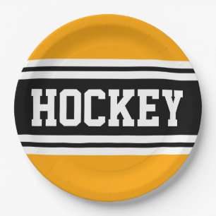 HOCKEY Yellow Orange Black White Racing Stripes Paper Plate