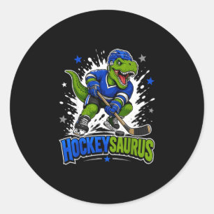 Hockeysaurus dinosaur playing ice hockey classic round sticker