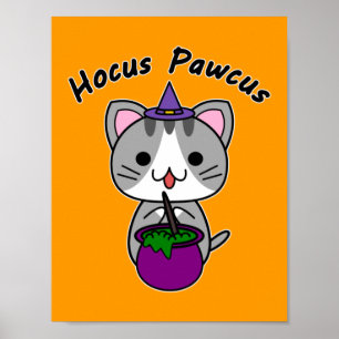 Hocus Pawcus - Gray Tabby Cat - Black Writing Poster