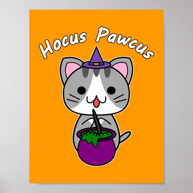 Hocus Pawcus - Gray Tabby Cat - White Writing Poster (Front)