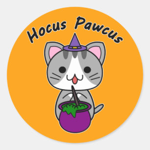 Hocus Pawcus - Grey Tabby Cat - Black Writing Classic Round Sticker
