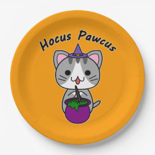 Hocus Pawcus - Grey Tabby Cat -Black Writing Paper Plate