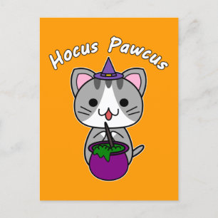 Hocus Pawcus - Grey Tabby Cat - White Writing Holiday Postcard