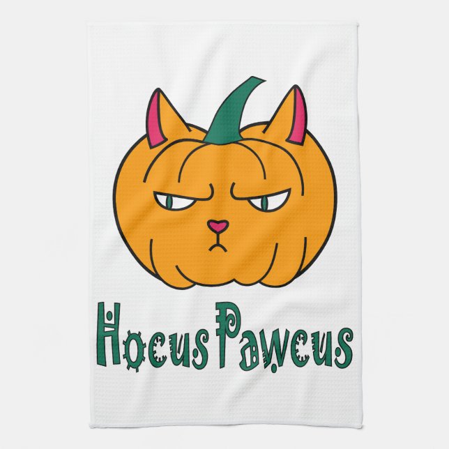 Hocus pawcus Halloween pumpkin ginger cat magic Kitchen Towel (Vertical)