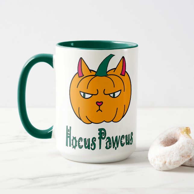 Hocus pawcus Halloween pumpkin ginger cat magic Mug (With Donut)
