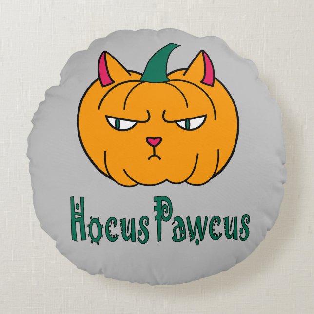 Hocus pawcus Halloween pumpkin ginger cat magic Round Pillow (Front)