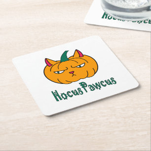 Hocus pawcus Halloween pumpkin ginger cat magic Square Paper Coaster