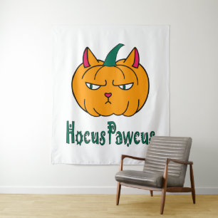 Hocus pawcus Halloween pumpkin ginger cat magic Tapestry