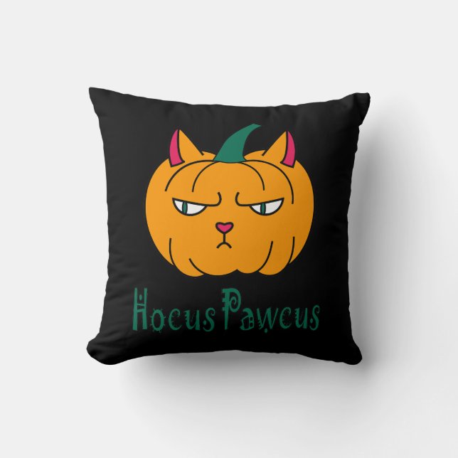 Hocus pawcus Halloween pumpkin ginger cat magic Throw Pillow (Front)