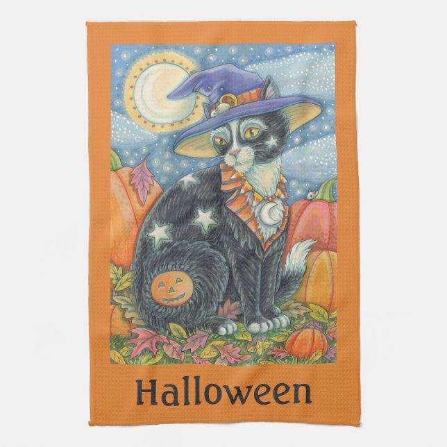 HOCUS POCUS BLACK CAT WITCH HOLIDAY KITCHEN TOWEL (Vertical)