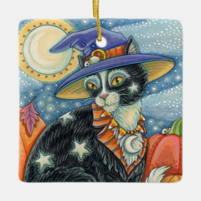 HOCUS POCUS BLACK CAT WITCH & MOUSE HALLOWEEN CERAMIC ORNAMENT (Front)