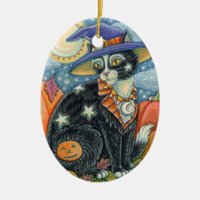 HOCUS POCUS BLACK CAT WITCH & MOUSE HALLOWEEN CERAMIC ORNAMENT (Front)