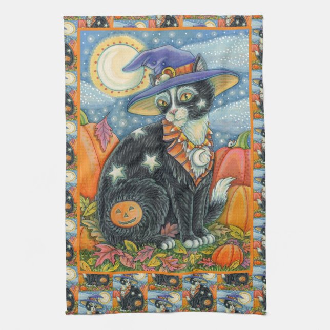 HOCUS POCUS BLACK CAT WITCH & MOUSE HALLOWEEN KITCHEN TOWEL (Vertical)
