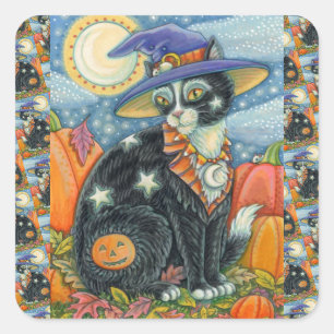 HOCUS POCUS BLACK CAT WITCH & MOUSE HALLOWEEN SQUARE STICKER