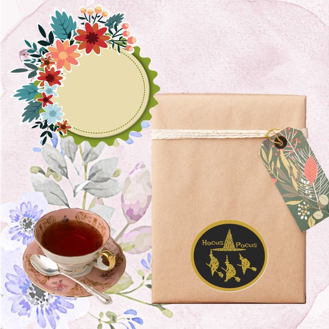 Hocus Pocus Golden Witches on Broom Spooky Scary  Classic Round Sticker (Hocus Pocus Golden Witches on Broom Spooky Scary Classic Round Sticker)