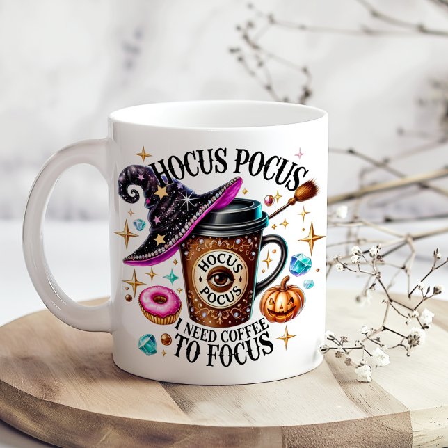 "Hocus Pocus I Need Coffee" Funny Witchy  Large Coffee Mug ("Hocus Pocus I Need Coffee" Funny Witchy Giant Coffee Mug on a kitchen table with tiny dry flowers)