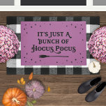 Hocus Pocus Purple Halloween Quote Doormat<br><div class="desc">Create a magical entrance to your home this Halloween with this "It's just a bunch of Hocus Pocus" witch quote doormat. Decorative typography lettering is accented with spooky scrolls,  twinkling stars,  and a witch's broomstick. Orchid purple and black colour scheme can be modified.</div>
