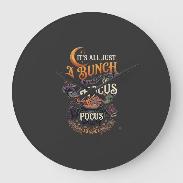 Hocus Pocus Witch Broom Black Cat Magic Cauldron H Large Clock (Front)