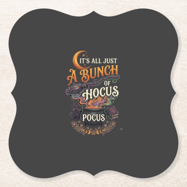 Hocus Pocus Witch Broom Black Cat Magic Cauldron H Paper Coaster (Front)