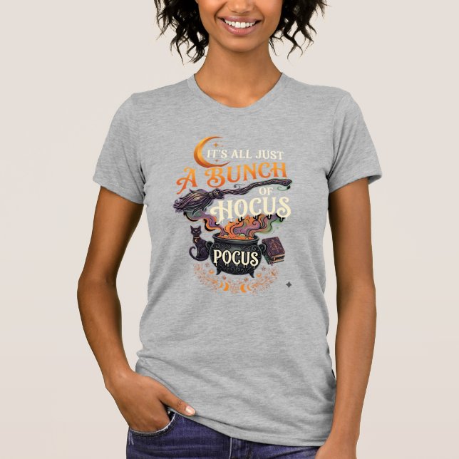 Hocus Pocus Witch Broom Black Cat Magic Cauldron H T-Shirt (Front)