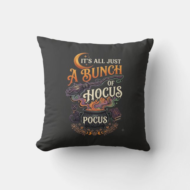 Hocus Pocus Witch Broom Black Cat Magic Cauldron H Throw Pillow (Front)