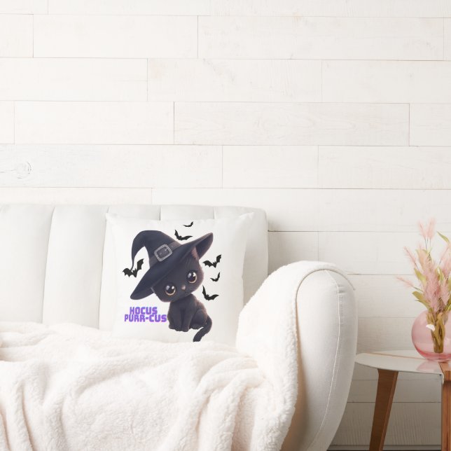 Hocus Purr-cus Cute Black Cat Halloween Art Throw Pillow (Couch)