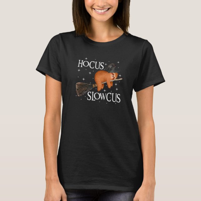 Hocus Slowcus Witch Sloth Sleeping on Broom Hallow T-Shirt (Front)