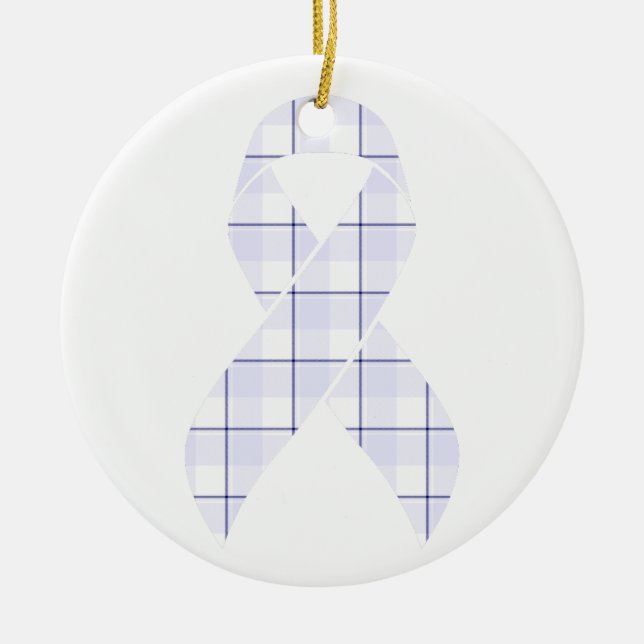 Hodgkin's Lymphoma Awareness Plaid Lavender Ribbon Ceramic Ornament (Front)