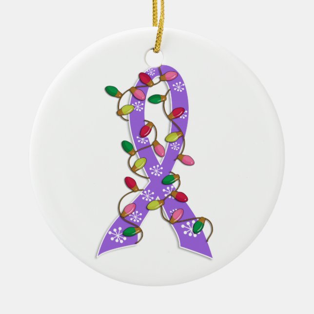 Hodgkin's Lymphoma Christmas Lights Ribbon Ceramic Ornament (Front)