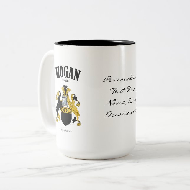 Hogan Family Crest, Translation & Meaning Two-Tone Coffee Mug (Front Left)